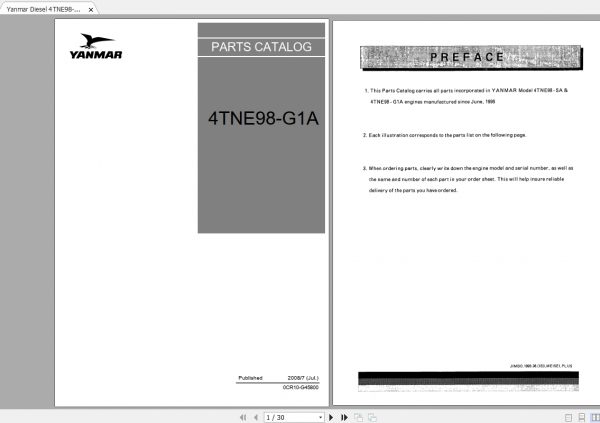 Yanmar Diesel 4TNE98 G1A Parts Catalog 1