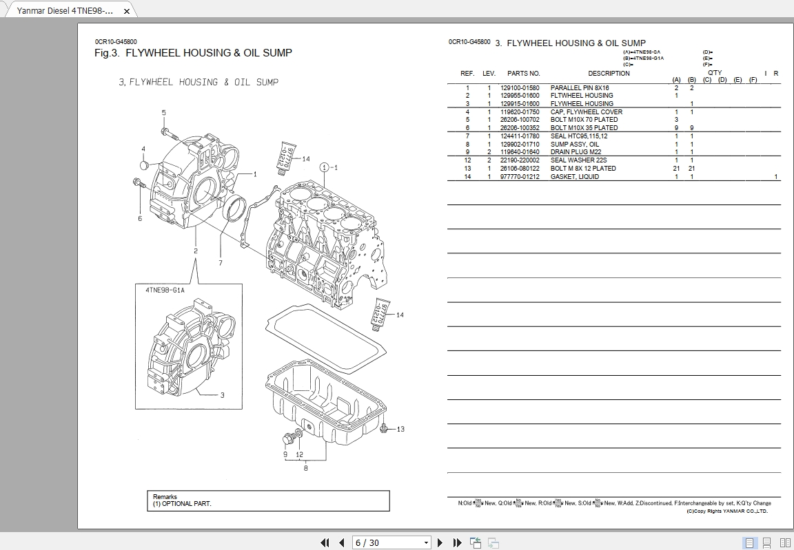 Yanmar Diesel 4TNE98G1A Parts Catalog