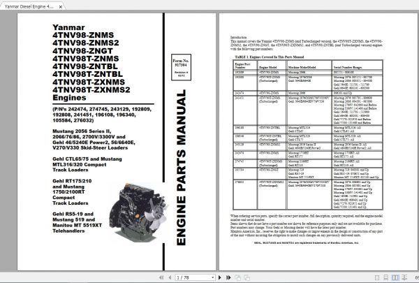 Yanmar Diesel Engine 4TNV98 Series Parts Manual917304 1