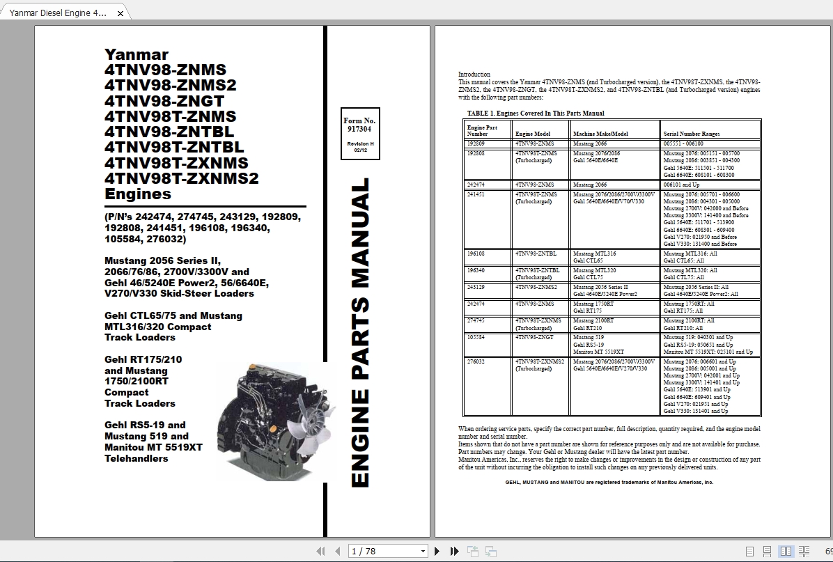 Yanmar Diesel Engine 4TNV98 Series Parts Manual917304 1