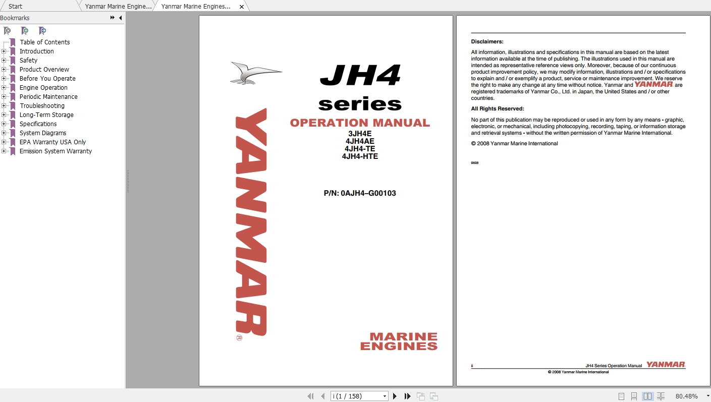 Yanmar Marine Engines JH4 Series Operation Manual 1