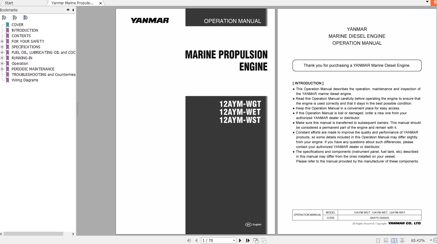 Yanmar Marine Propulsion Engine 12AYM Operation Manual 1