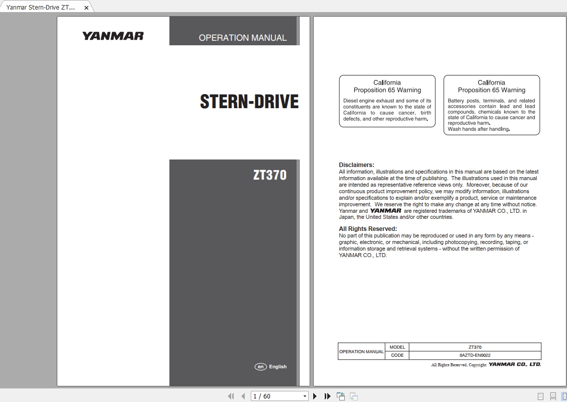 Yanmar Stern Drive ZT370 Operation Manual 1