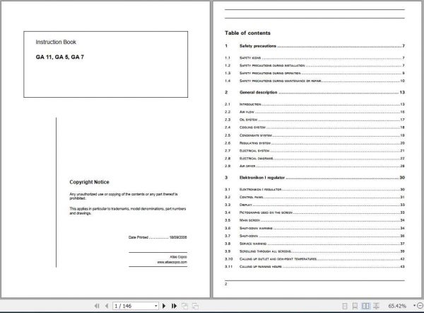 Atlas Copco Air Compressors GA 11 GA5 GA7 Instruction Book 1