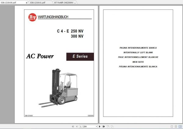 BT Forklift C4E250NV C4E300NV Maintenance Service ManualDE 1 BT Forklift C4E250NV C4E300NV Maintenance Service ManualDE 1