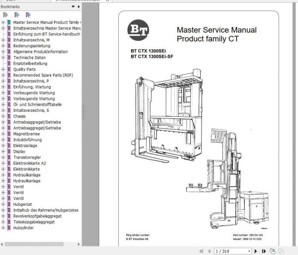 BT Forklift CTX 1300SEi 1300SEi SF Service Manual150103 120DE 1