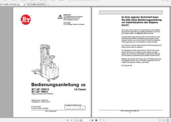 BT Forklift LSF1250 Operator Service Manual 1