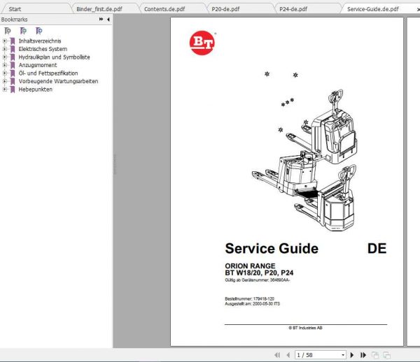 BT Forklift Orion Range W18 W20 P20 P24 Service Manual179418 120DE 1