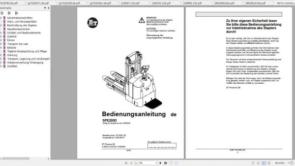 BT Forklift SPE200D Spare Parts Catalog Operator Service Manual 2