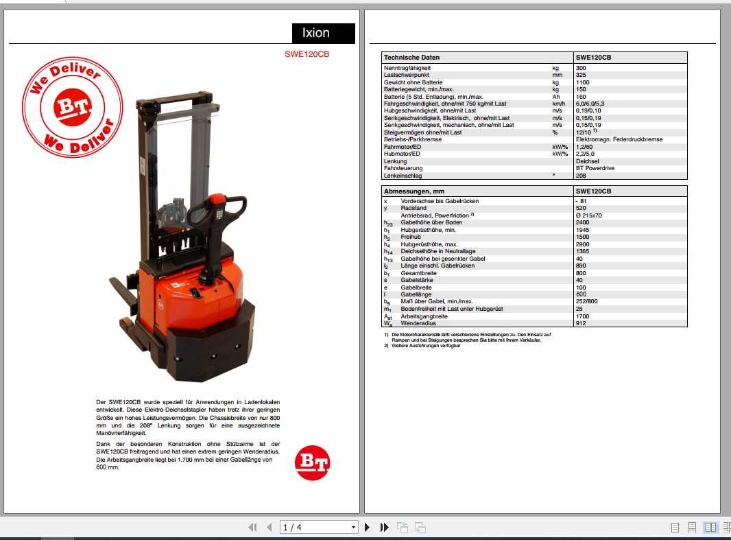 BT Forklift SWE120CB Technical Data Sheet 1