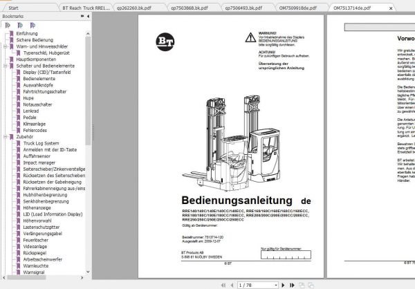 BT Reach Truck RRE140EC Spare Parts Catalog Operator Repair Manual 1