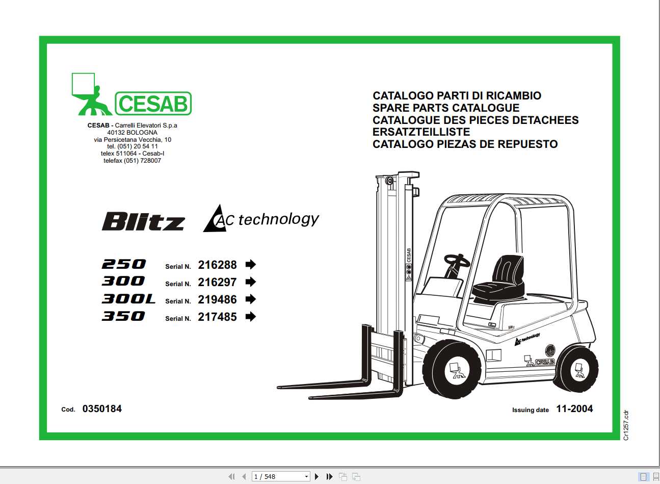 CESAB Blitz 250 300 300L 350 AC Forklift Spare Parts Catalogue 1