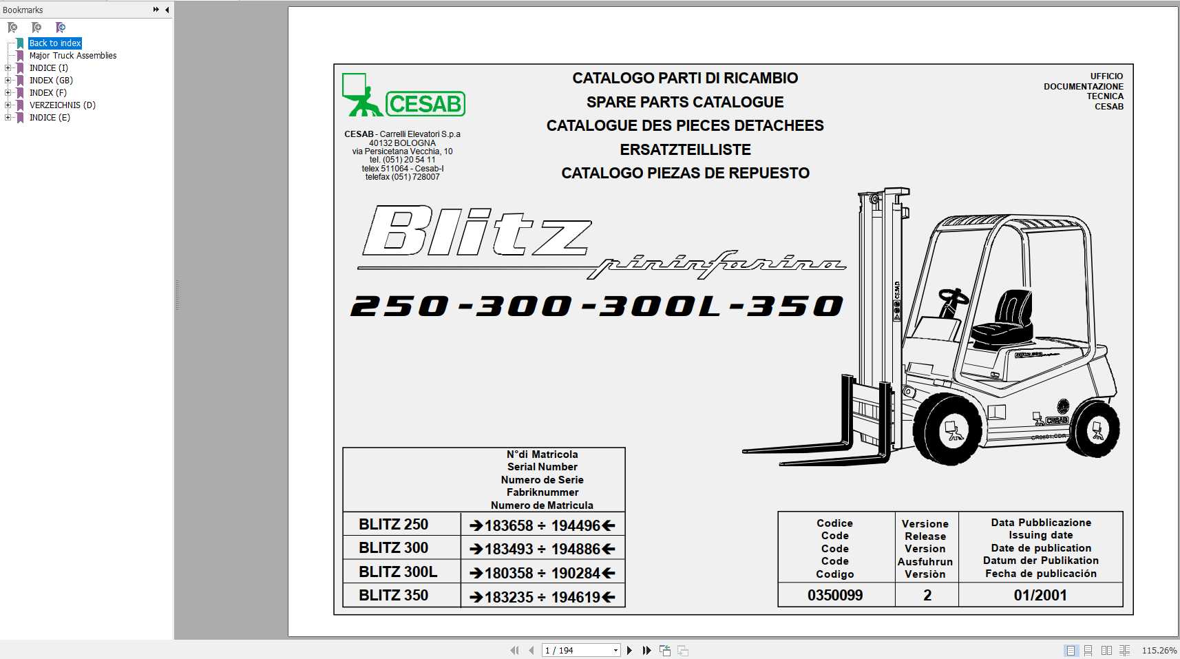 CESAB Blitz 250 300 300L 350 DC Forklift Spare Parts Catalogue0350099 1