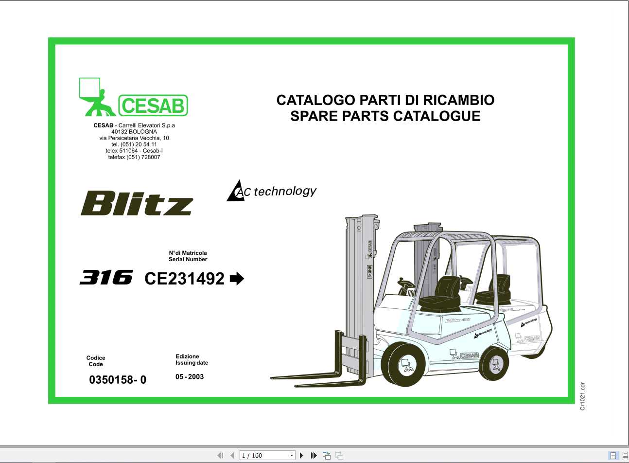 CESAB Blitz 316 Forklift Spare Parts Catalogue0350158 0 1