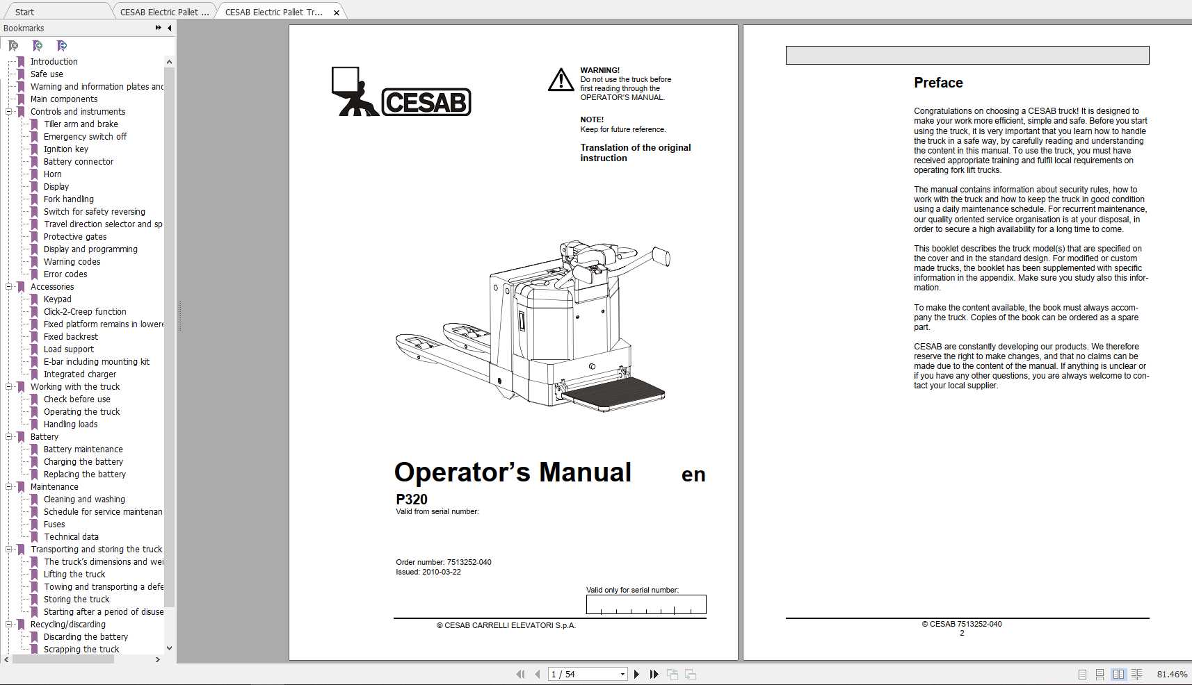 CESAB Electric Pallet Trucks P320 Operators Manuals 1