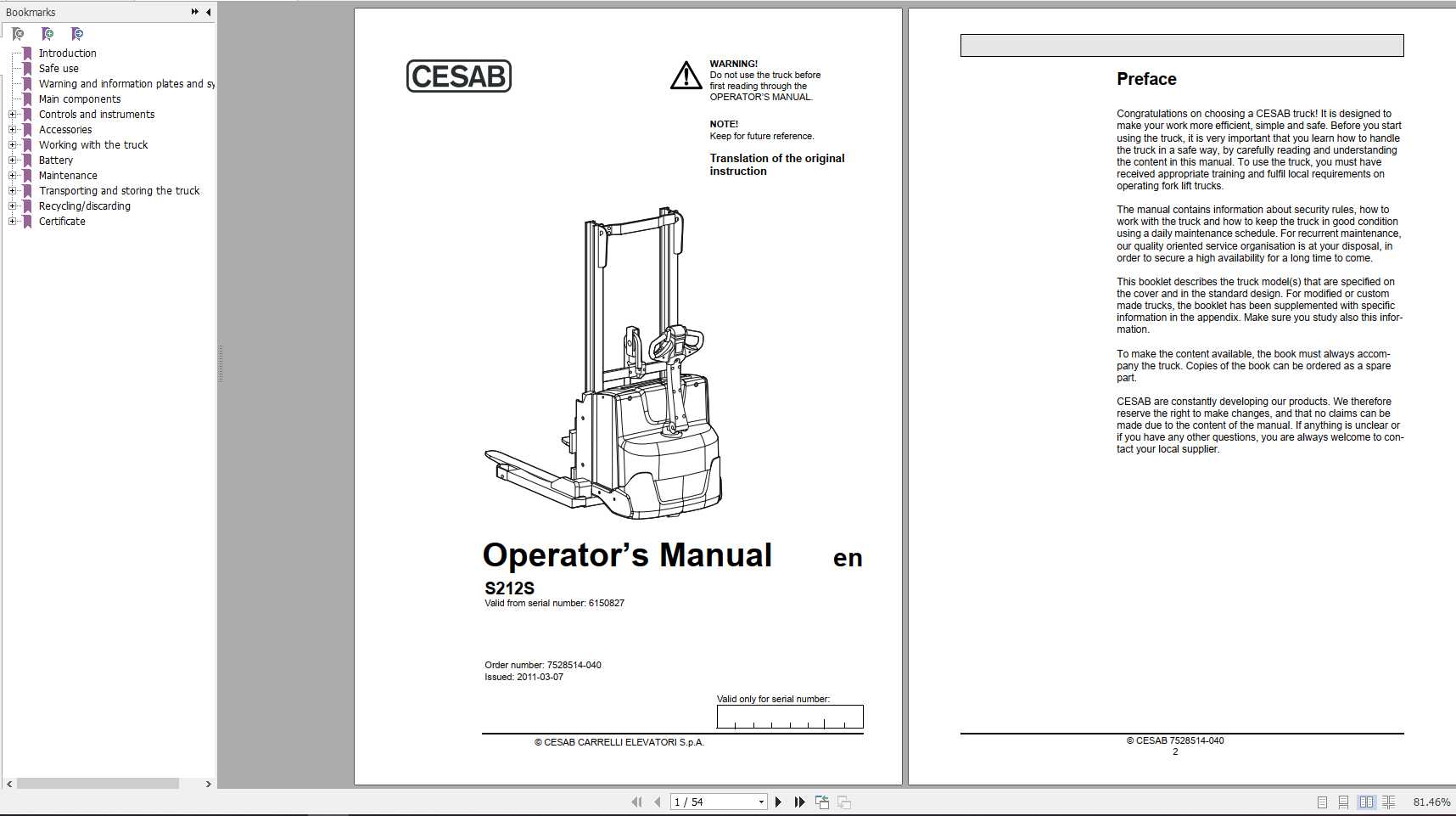 CESAB Powered Stacker Trucks S212S Operators Manual 1