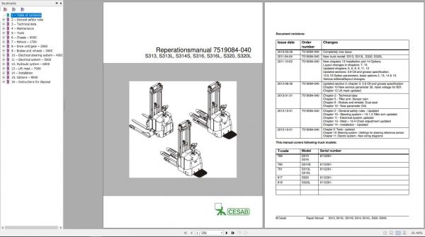 CESAB Powered Stacker Trucks S313 S313L S314S S316 S316L S320 S320L Repair Manual 1