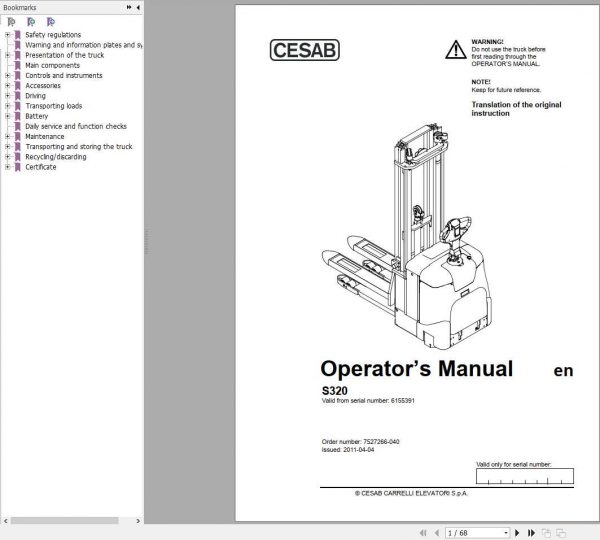 CESAB Powered Stacker Trucks S320 Operators ManualEN 1