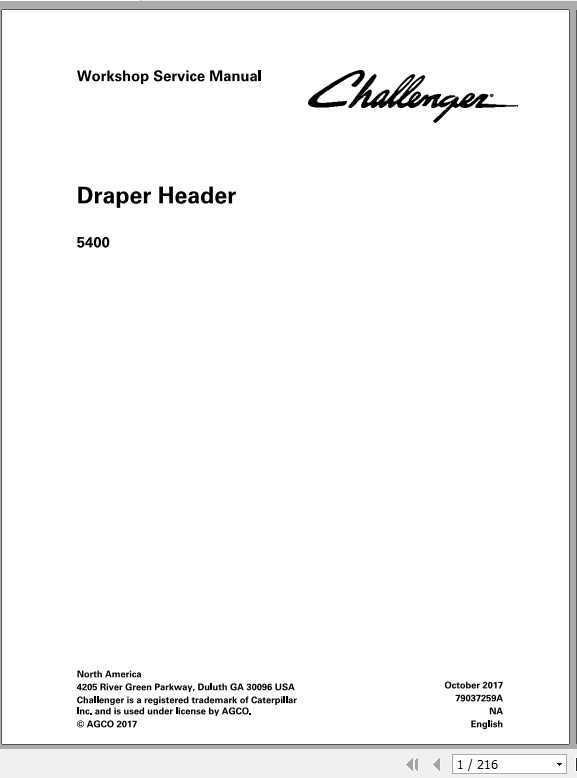 Challenger NA 5400 Draper Header Service Manual79037259A 1
