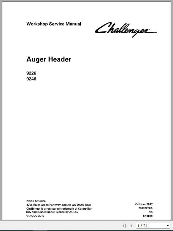 Challenger NA 9226 9246 Auger Header Service Manual79037260A1