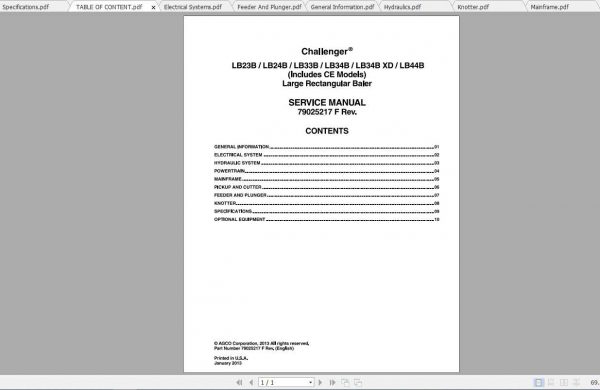 Challenger NA LB23B LB44BCE Large Rectangular Baler Repair Schedule79033201D1