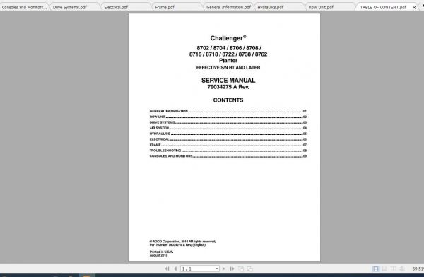 Challenger NA Planter 8702 8762 Service Manual79034275A 1