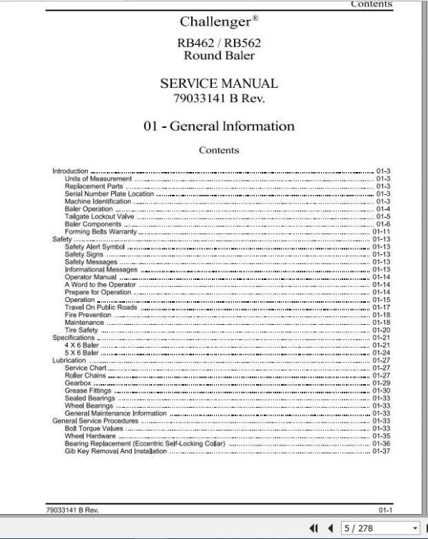 Challenger NA RB462 RB562 Round Baler Service Manual79033141B2