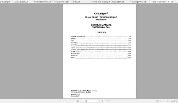 Challenger NA SP85B SP115B SP185B Windrower Service Manual700724368A 1