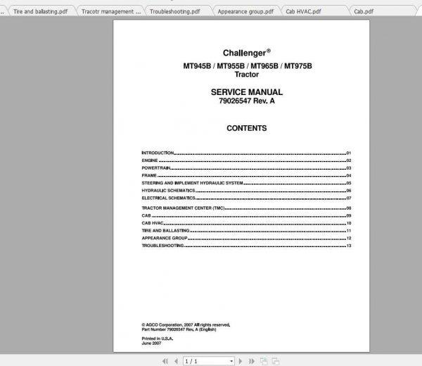 Challenger NA Tractor MT945B MT955B MT965B MT975B Service Manual 1