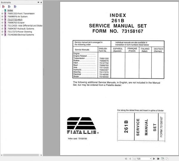 Fiat Allis 261B Tractor Scraper Service Manual73158167 1
