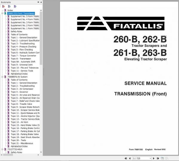 Fiat Allis 261B Tractor Scraper Service Manual73158167 2