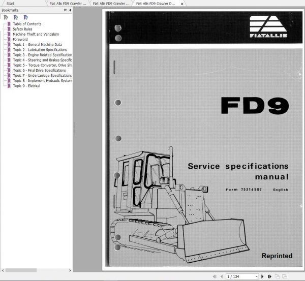Fiat Allis FD9 Crawler Dozer Tractor Service Manuals 2