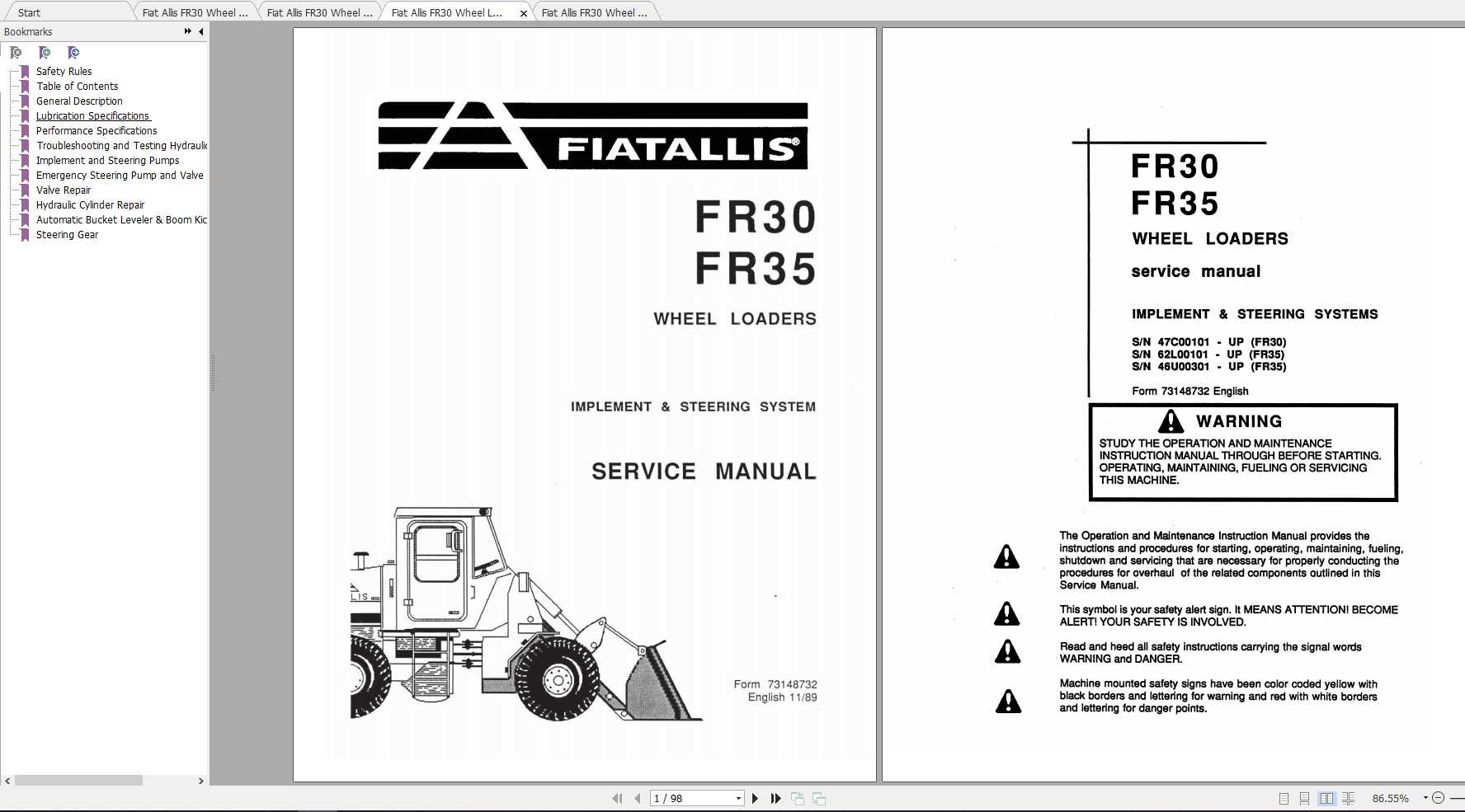 Fiat Allis FR30 Wheel Loader Service Manuals 1