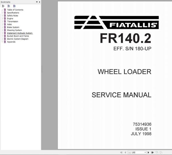 Fiat Allis Wheel Loader FR1402 Service Manual75314936 1