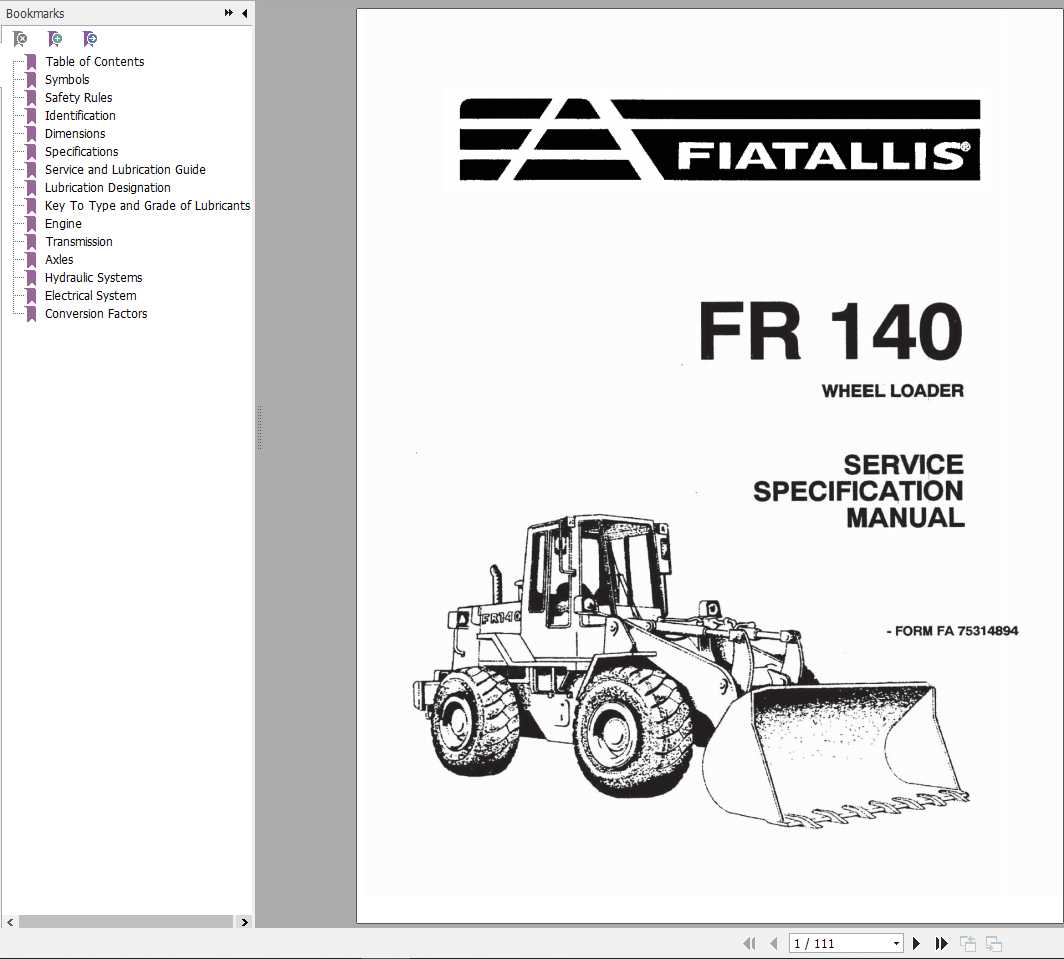 Fiat Allis Wheel Loader FR140 Service Specification Manual75314894 1