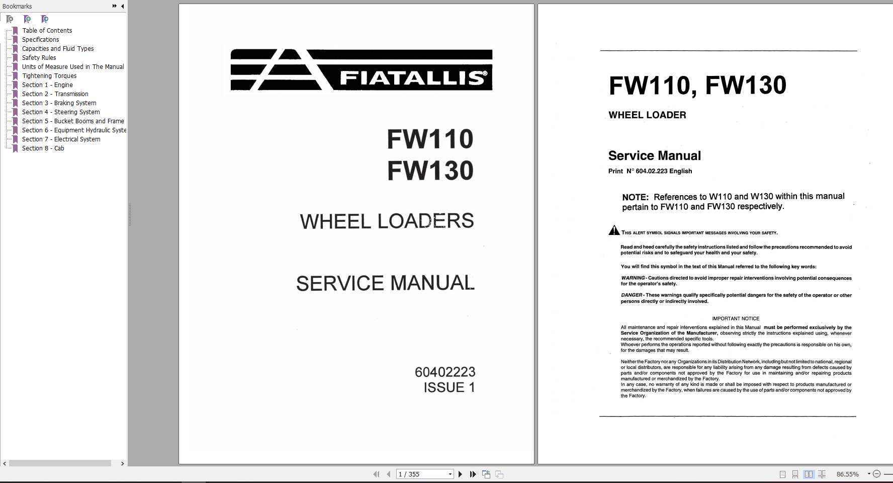 Fiat Allis Wheel Loader FW110 FW130 Service Manual 1