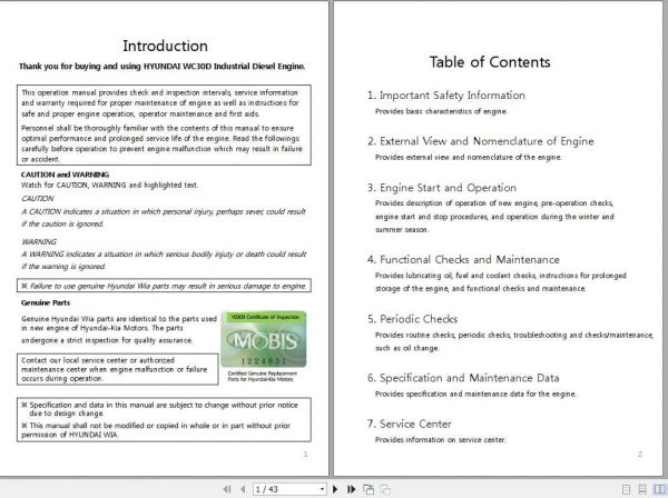 Hyundai Forklift WC30D Engine Operation Service Manual 1