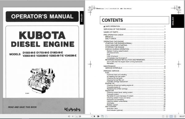 Hyundai Kubota D1503 D1803 V2003 V2403 Engine Operators Manual 1