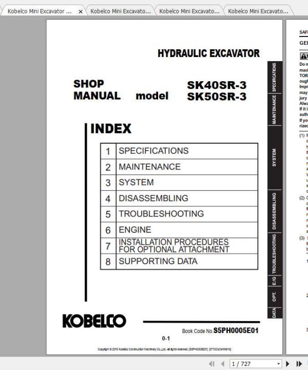 Kobelco Mini Excavator SK40SR 3 SK50SR 3 Shop Manual 1