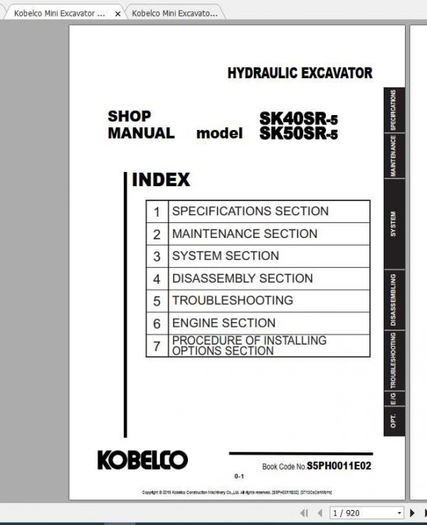 Kobelco Mini Excavator SK40SR 5 SK50SR 5 Shop Manual 1