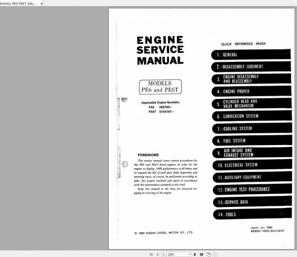 Kobelco PE6 PE6T Nissan Diesel Engine Service Manual 1