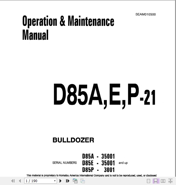 Komatsu Bulldozer D85AEP 21 Operator Maintenance ManualEN SEAM010500 1 1