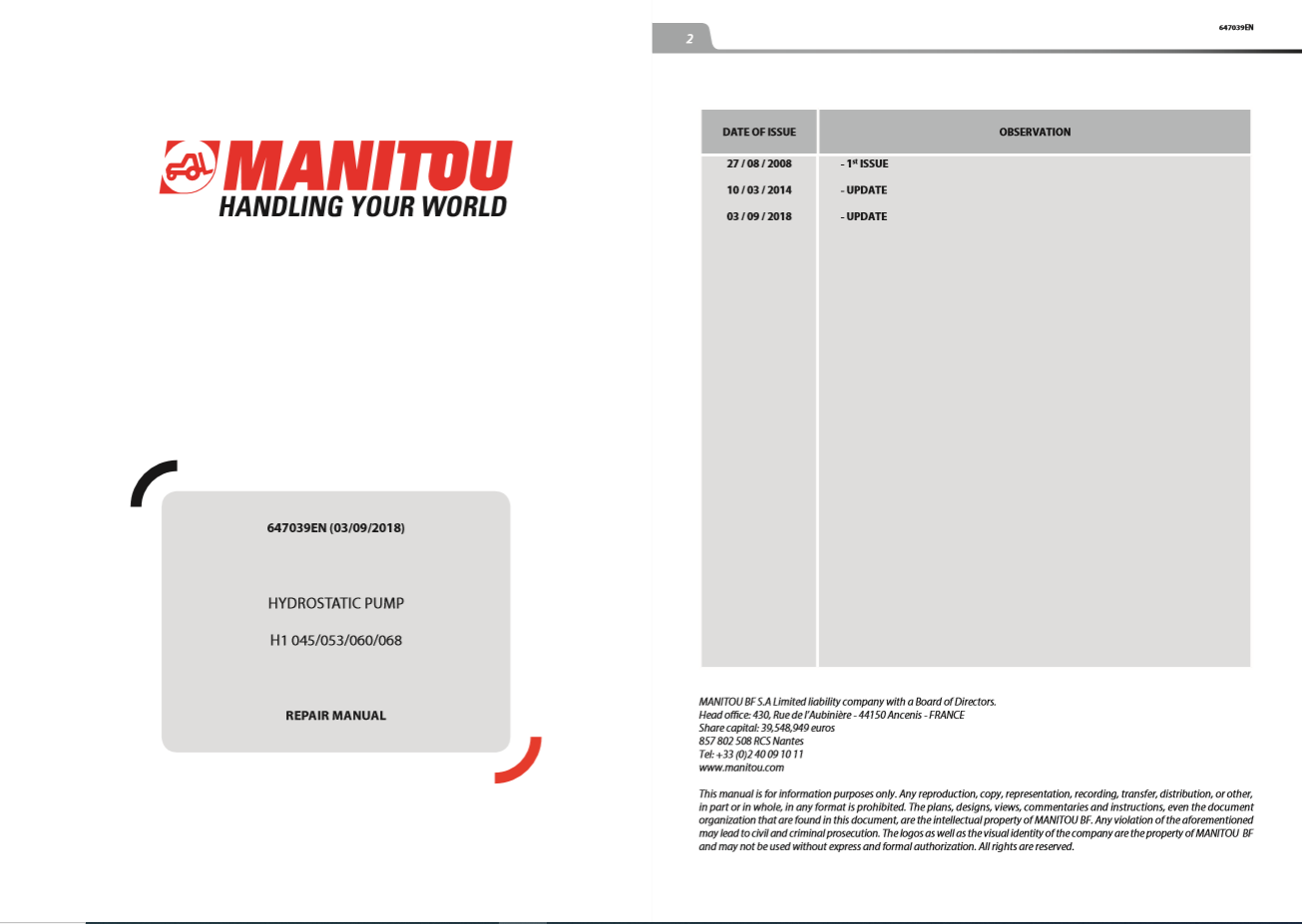 Manitou Hydrostatic Pump H1 045 053 060 068 Repair Manual647039EN 1