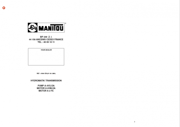 Manitou Hydrostatic Transmission BP 24907032001 Repair Manual47981EN