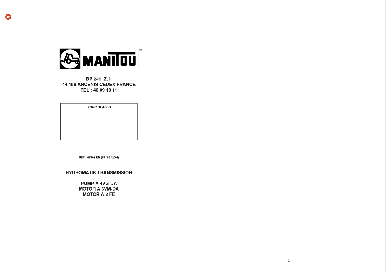 Manitou Hydrostatic Transmission BP 24907032001 Repair Manual47981EN