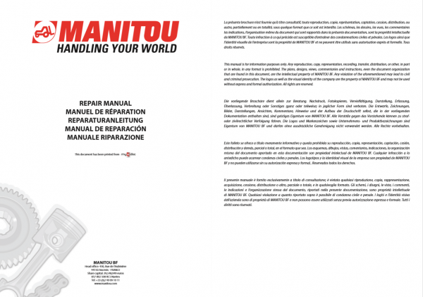 Manitou Telescopic Forklift MRT 1432 2540 Type 212357 Repair ManualG01017009EN 2