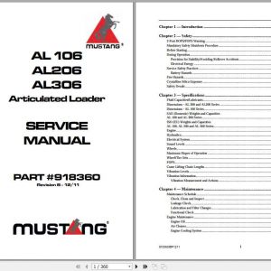 Mustang Articulated Loader AL106 AL206 AL306 Service Manual918360 1NjLn2