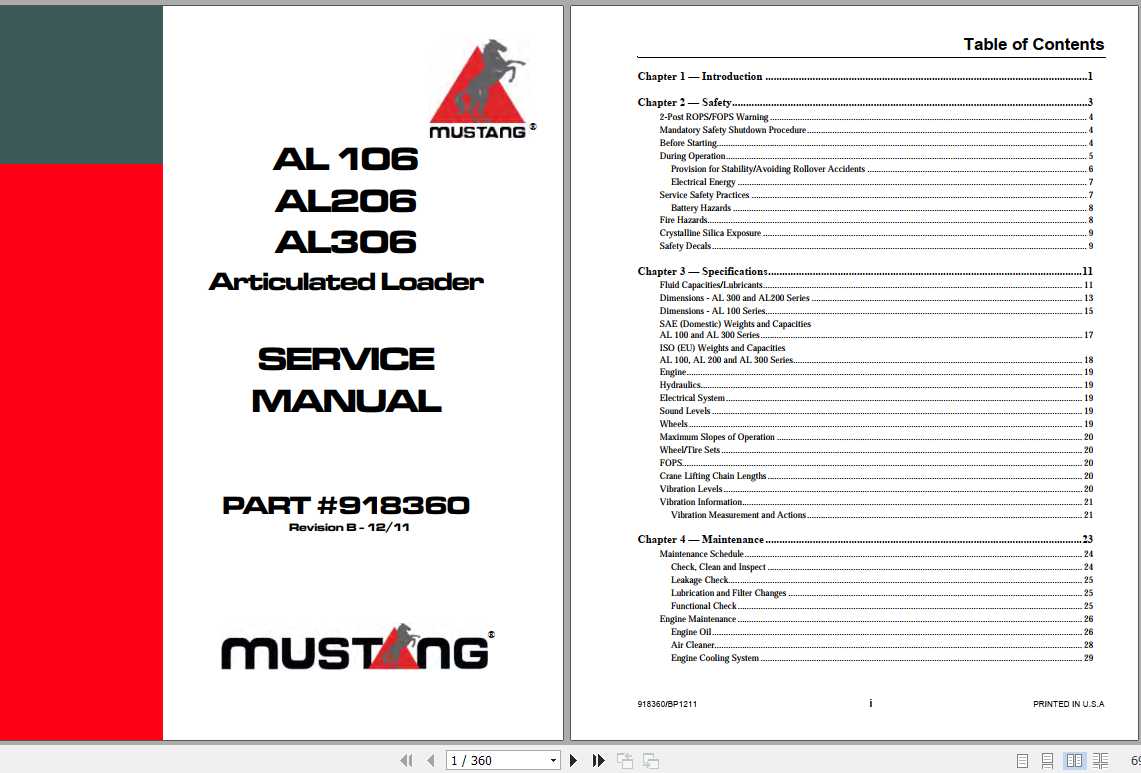Mustang Articulated Loader AL106 AL206 AL306 Service Manual918360 1NjLn2