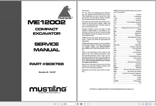 Mustang Compact Excavator ME12002 Service Manual909768 REVB 1