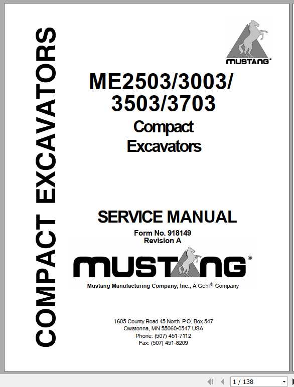 Mustang Compact Excavator ME2503 3003 3503 3703 Service Manual918149 REVA 1